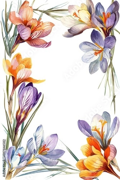 Fototapeta A colorful linear white background with crocuses in the corners, in the style of a watercolor painting