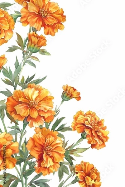 Obraz Watercolor orange marigold flowers on a white background, with a floral pattern