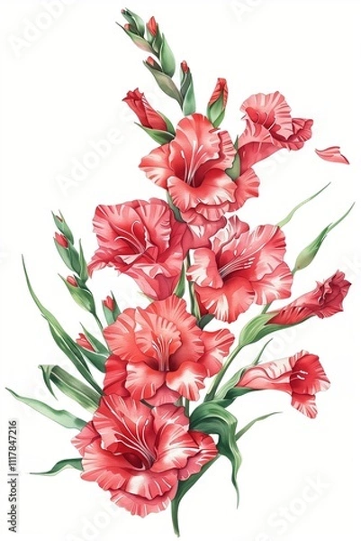 Fototapeta Red gladiolus flowers, in the style of a clipart illustration with a white background