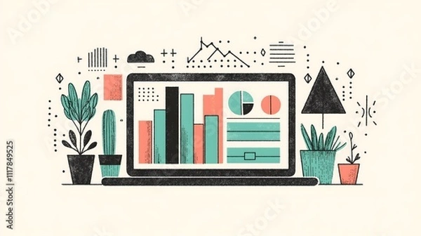 Fototapeta Creative Data Visualization on Laptop with Plants and Geometric Elements