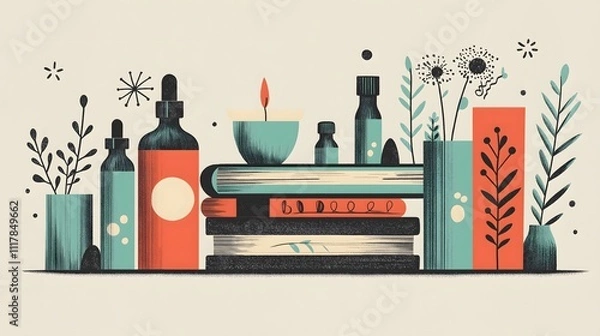 Fototapeta Artistic Illustration of Books Plants and Essential Oils on a Shelf