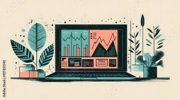 Fototapeta Digital Illustration of a Laptop Displaying Colorful Business Analytics Charts