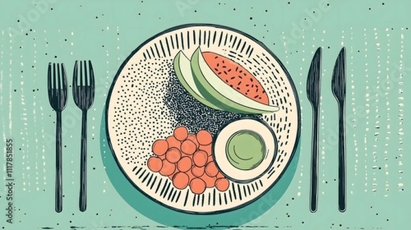 Fototapeta Colorful Illustrated Plate of Fresh Avocado and Fruit on Patterned Background