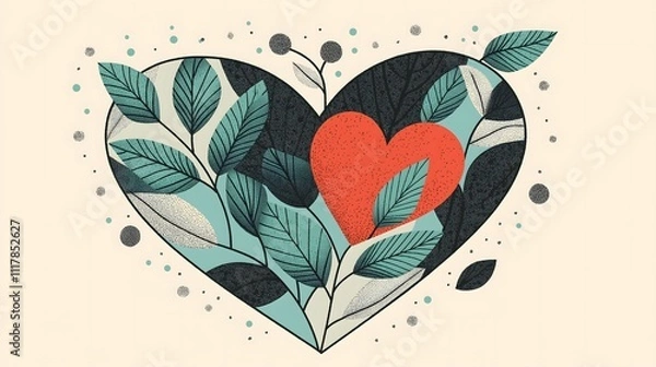 Fototapeta Artistic Heart Illustration With Leaves and Unique Geometric Patterns