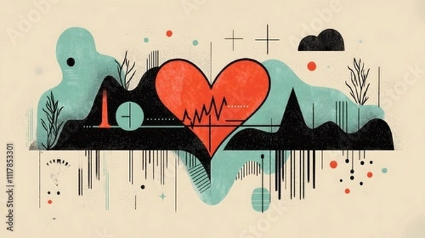 Fototapeta Colorful Abstract Heartbeat Design with Geometric Shapes and Textures