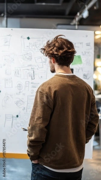 Obraz The Visionary at the Whiteboard: Focused and intent, a thoughtful individual contemplates ideas sketched upon a large whiteboard, envisioning possibilities and driving innovation.