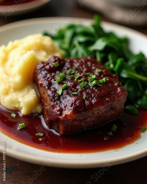 Obraz Succulent, saucy meatloaf garnished with herbs, served with creamy mashed potatoes and fresh sautéed greens on a white plate