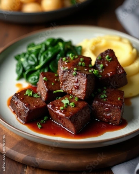 Fototapeta Juicy glazed beef cubes served with creamy mashed potatoes and vibrant green spinach on a plate