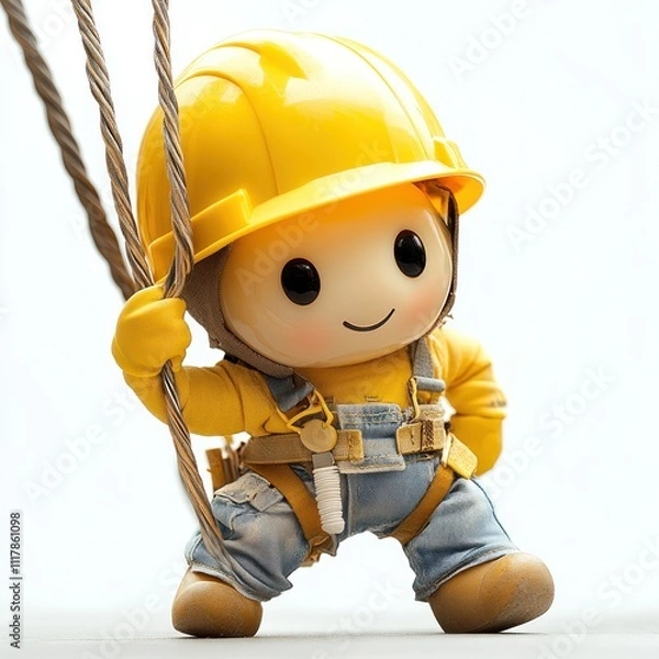 Fototapeta A cheerful cartoon character in a yellow hard hat and overalls, posing with ropes.