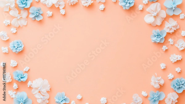 Fototapeta Beautiful Floral Frame with Light Blue and White Flowers on a Soft Peach Background for Elegant Designs and Creative Projects