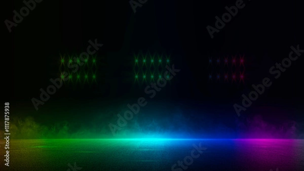 Obraz Dark scene stage shows Abstract night background, Multi-colored neon lights on city street, lights studio room, spotlights asphalt floor smoke floating up, club hall concert, Halloween Backdrop