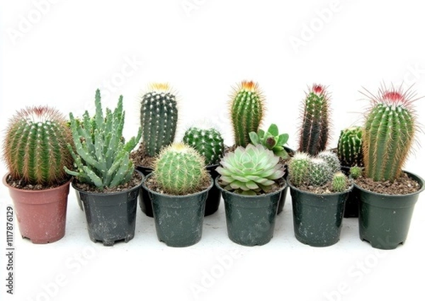Fototapeta A row of potted cacti and succulents are lined up on a white background