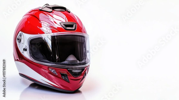 Obraz Sleek red motorcycle helmet with aerodynamic design, featuring a glossy finish and clear visor, set against a clean white background for a striking appearance.