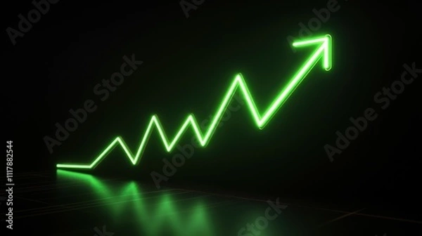 Fototapeta Glowing green neon arrow graph pointing upwards, signifying growth and success on a dark background.