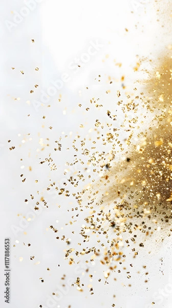 Fototapeta White background, gold particles, glitter on blurred background with a bokeh effect