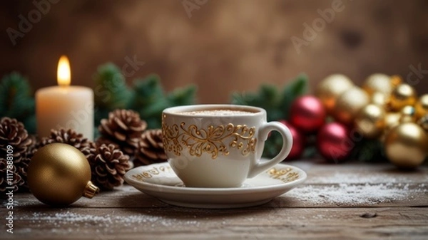 Fototapeta A beautifully crafted cup of coffee sits elegantly on a decorated saucer, accompanied by festive ornaments and a candle, creating a cozy, holiday atmosphere.  