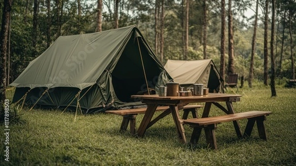 Obraz A serene camping scene with tents and a picnic table in a forested area.