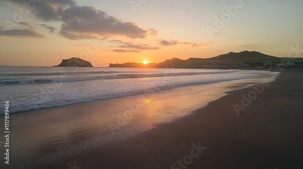 Obraz A serene beach at sunset with gentle waves and distant hills.