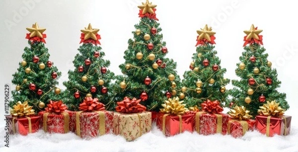 Fototapeta Christmas Tree Isolated over White Background, Set of Decorated Xmas Tree with Present Gift Boxes , isolated on white background,  , copy space, copy space for text,