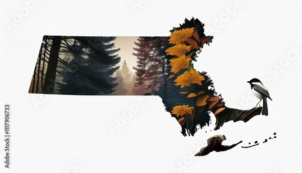 Fototapeta Massachusetts state shape map black-capped chickadee bird and white background