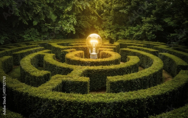 Fototapeta A conceptual illustration of a lush green hedge maze with a glowing light bulb at its center, symbolizing creativity, innovation, and ideas