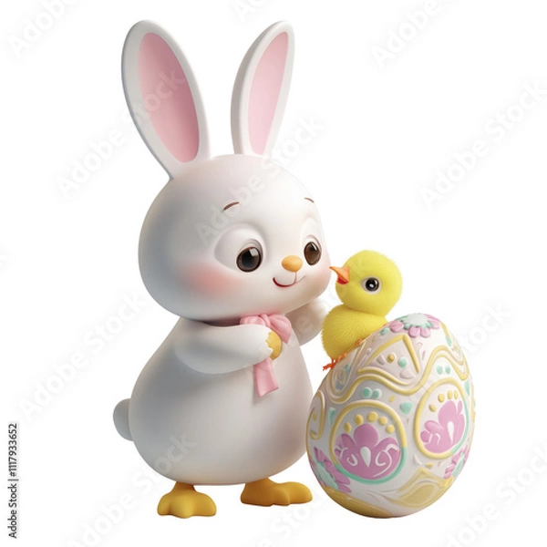 Fototapeta A 3D bunny character playing with a baby chick beside a decorated egg.