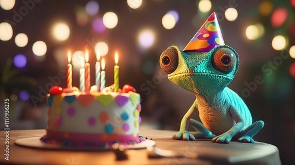 Fototapeta 3D Chameleon with Birthday Hat and Cake in Vibrant Setting. AI generated illustration