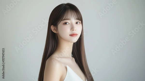 Fototapeta 女優のような美肌の若くて綺麗なアジア人女性モデルの美容・ファッションポートレート	