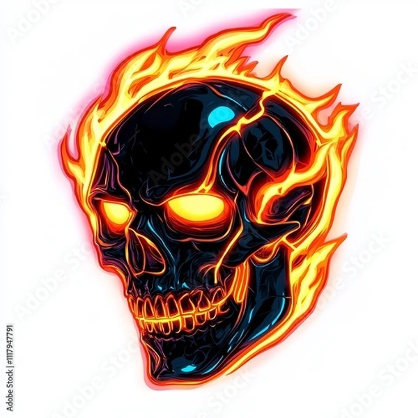 Fototapeta Flaming skull graphic, dark, fiery, glowing eyes, intense, hot, black, design element.