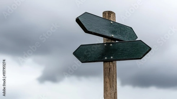 Obraz Directional signpost with blank arrows against a cloudy sky.