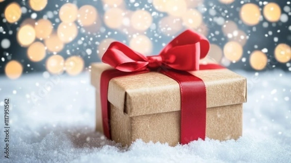 Fototapeta A Gift Box with a Red Bow in the Snow with a Blurred Background of Lights