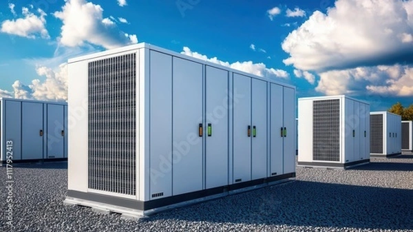 Fototapeta battery replacement power concept. Large battery arrays being replaced in a commercial energy storage facility, focus on green power infrastructure