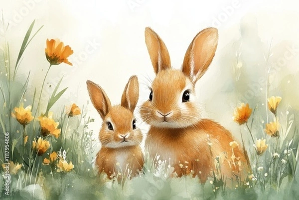 Fototapeta Two cute rabbits in a flower-filled meadow, showcasing a serene and playful nature scene.
