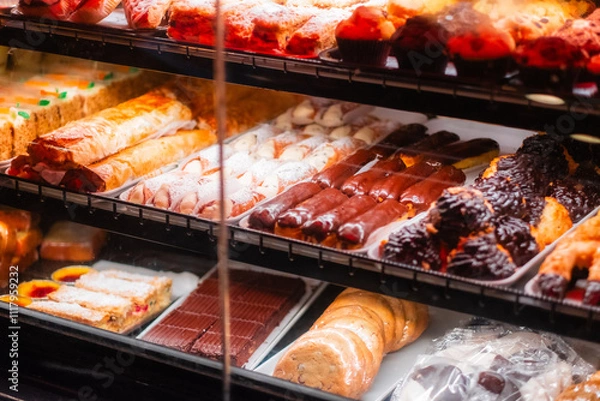 Obraz Assortment of Freshly Baked Pastries and Desserts on Display in a Bakery Shop Showcasing Cannoli, Eclairs, Cookies, and Cakes, Perfect for Sweet Indulgence and Culinary Inspiration for Pastry Lovers