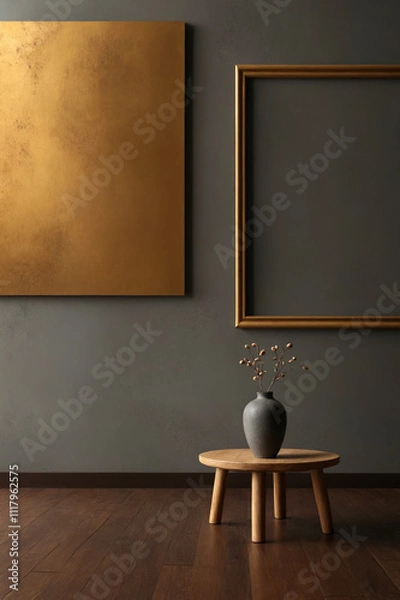 Fototapeta beautiful minimalistic interior with empty golden photo frames on wall