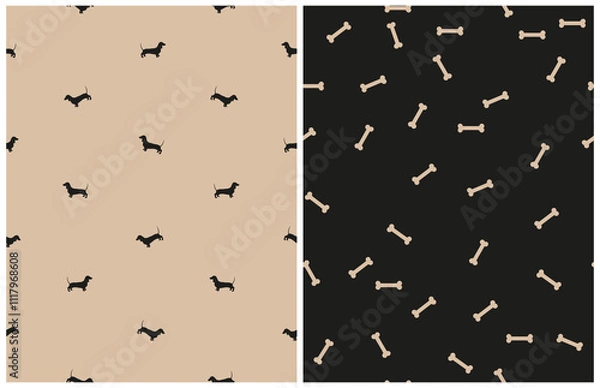 Obraz Simple Seamless Vector Pattern With Dachshund And Bones. Tiny Bones Isoalted On A Black Background. Little Dogs On A Light Brown Backdrop. Sausage Dog Endless Print Ideal For Dogs Lovers.