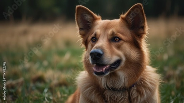 Fototapeta Friendly golden dog in grassy field.
