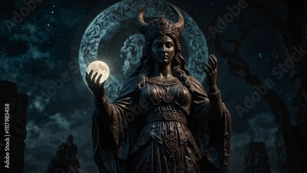 Fototapeta Statue of Hecate, the goddess of dark magic, holding a moon and ancient runes in both hands, with a backdrop of the dark night and mystical light, with carvings depicting her magic and power in the da