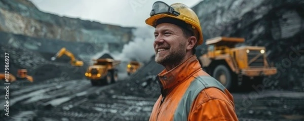 Fototapeta A rugged miner with a beard grins confidently in front of heavy-duty mining machinery