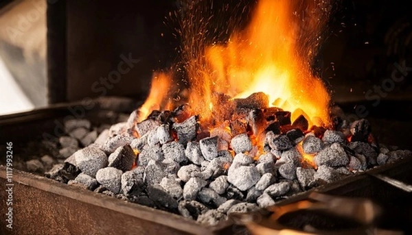 Fototapeta Sparks and flames from a burning charcoal forge