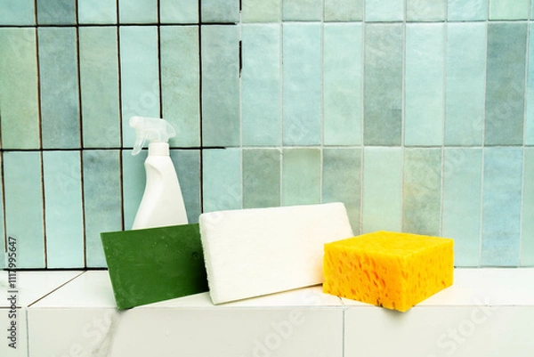 Fototapeta Cleaning tools are arranged on a surface beside epoxy grout and adhesive, ready for tile repair.