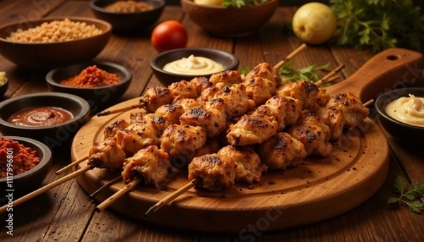 Fototapeta Delicious grilled chicken skewers served on wooden board with various sauces and spices for culinary delight