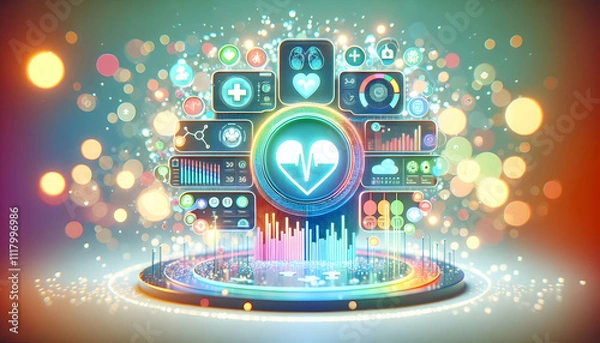 Fototapeta 3D Bokeh telemedicine digital health dashboard with copy space concept as Vibrant bokeh background featuring a digital health dashboard displaying telemedicine metrics and analytics emphasizing data d