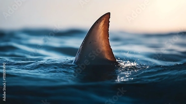 Obraz A shark fin emerges from the ocean, creating ripples in the water.