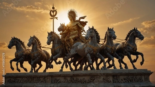 Fototapeta Statue of Helios, the sun god, driving a four-horse chariot, with a backdrop of a golden sunrise, carvings displaying his powerful control over the sun's journey.
