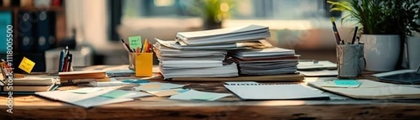 Fototapeta Cozy Workspace with Stacks of Papers and Sticky Notes in Sunlit Office Environment