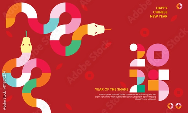 Fototapeta 2025 Chinese new year modern art background, year of the snake banner template design with modern geometric style snakes on colourful, red background. Chinese zodiac Snake symbol