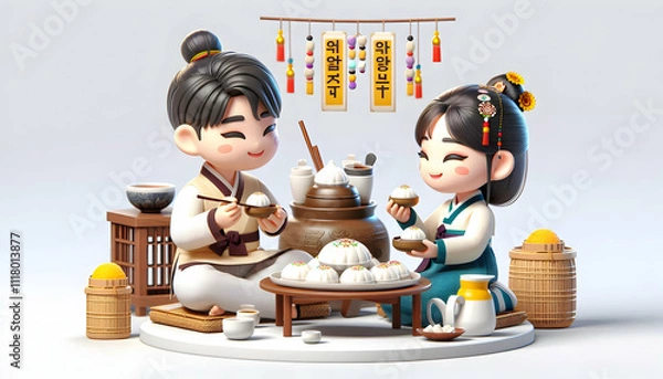 Fototapeta 3D Candid Family Sharing Rice Cakes and Tea on Seollal concept as A family sharing rice cakes and tea together during Seollal capturing moments of tradition and relaxation symbolizing harmony culture 