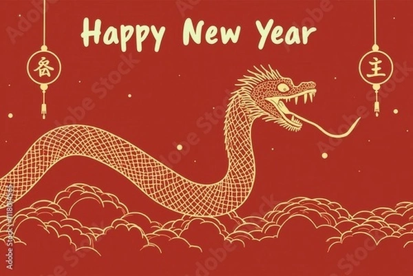 Fototapeta Festive chinese new year dragon with lanterns on red background