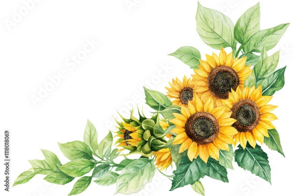 Fototapeta A vibrant bouquet of sunflowers accompanied by lush green leaves, perfect for brightening up any design or project, transparent background.
